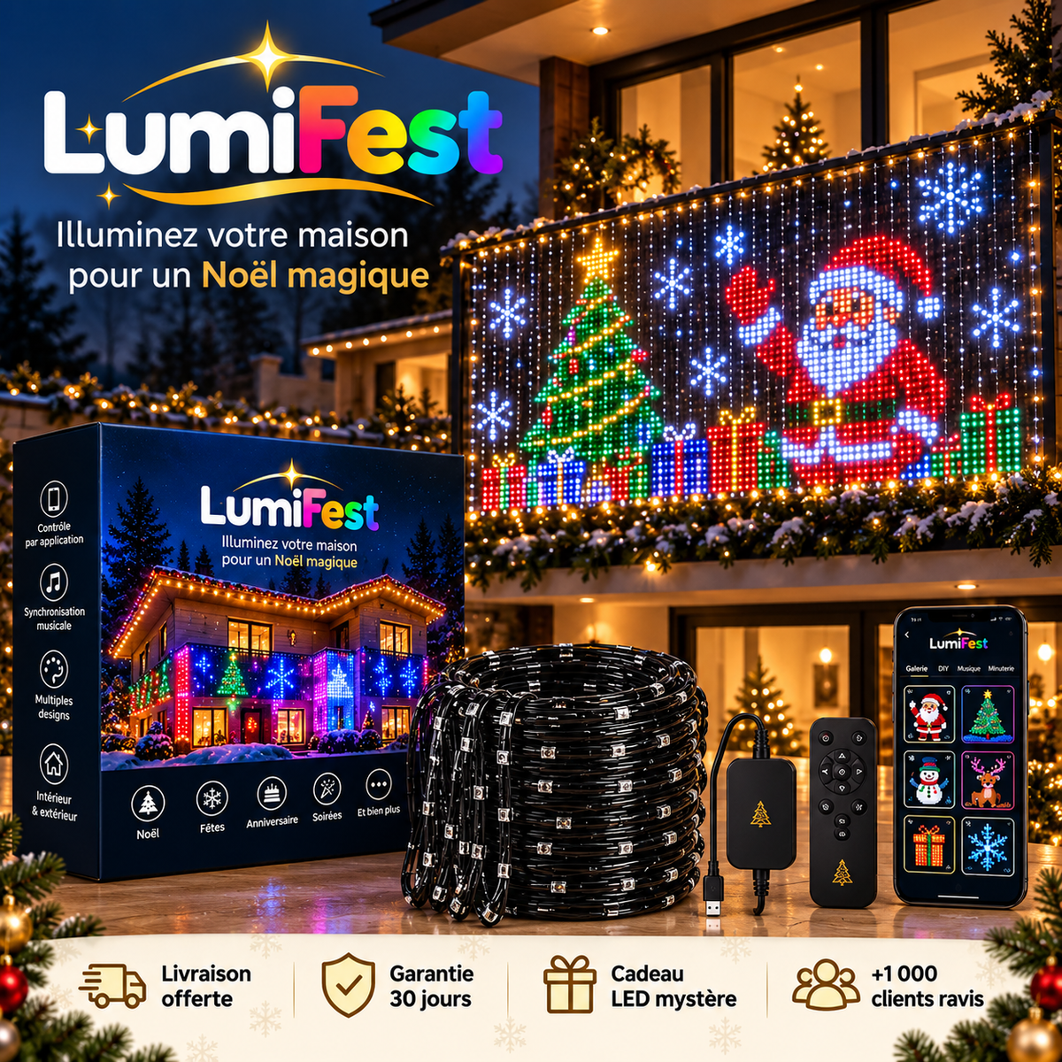 LumiFest™ Rideau LED Animé de Noël pour Balcon